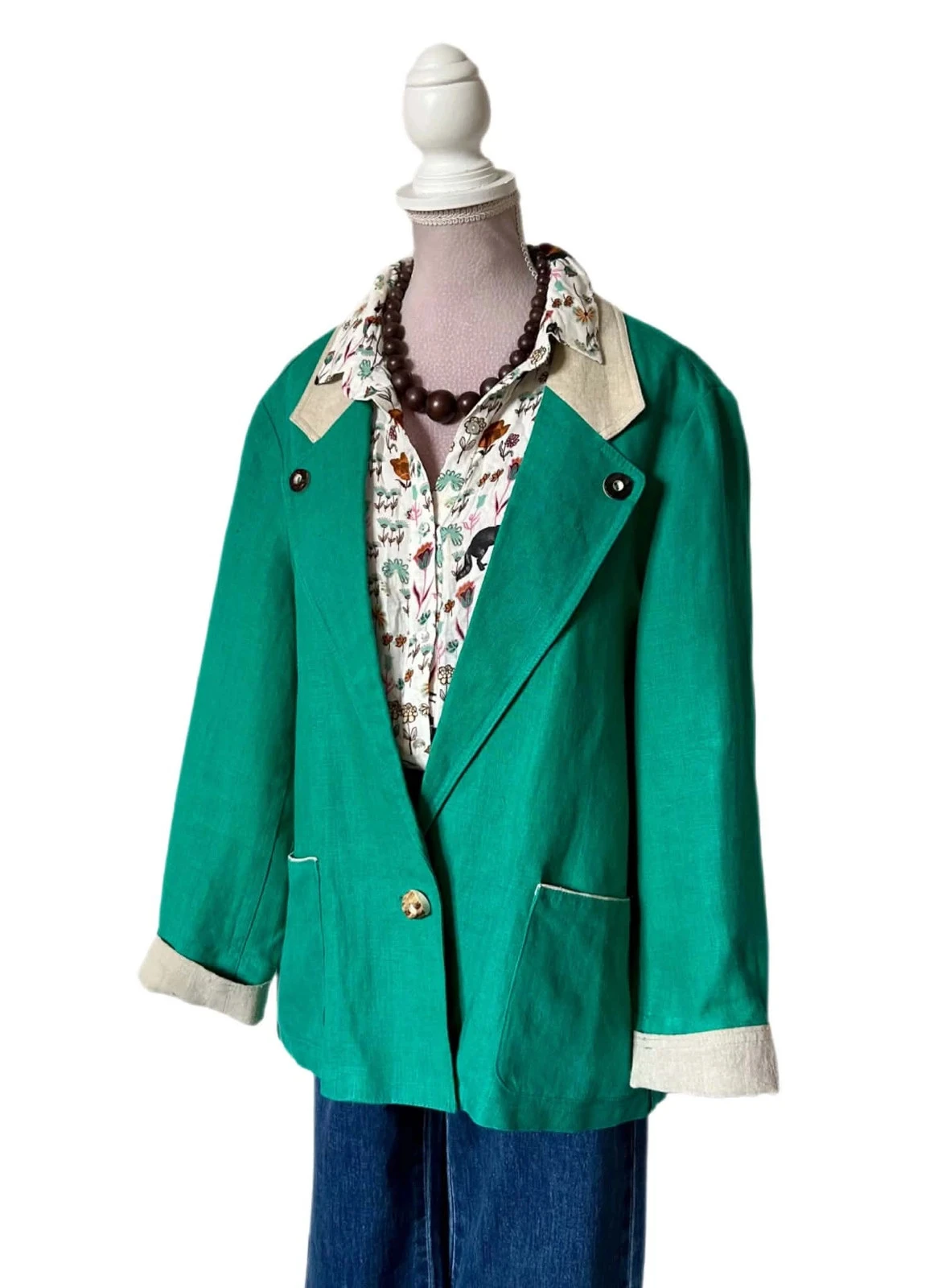 🦚Blazer 100% linnen emeraldgroen vintage 80s90s cottagecore Oostenrijkse smaragd linnen retro jas 36/38🌿 – photo 6